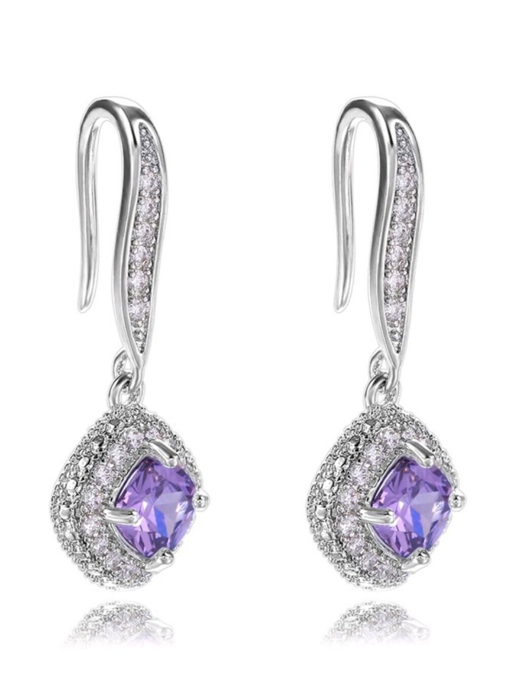 Dainty Purple Silver-Tone Amethyst Halo Drop Earrings Classy Wedding Prom Party